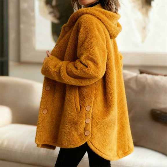 Winter Coats for Women Plus Size Plus Size Coat Plus Size Coats Fuzzy Fleece Jacket for Women Lightweight Cozy Button Hooded Shirts Womens Winter Coats Causal Plus Size Bed Jackets, Ginger-S