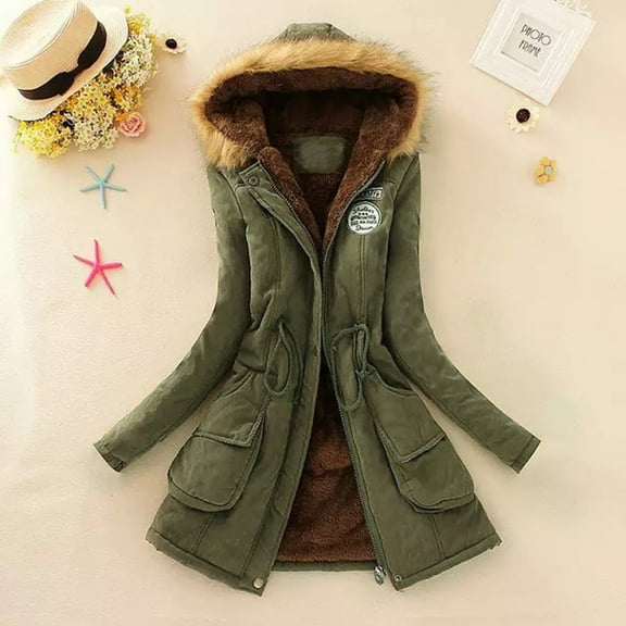 Winter Coats For Women Plus Size Quilted Down Warm Thicken Hooded Jacket Pocket Zip Padded Outwear Insulated Jacket Women Olive Windbreaker Women Jean Vest Women Oversized Thigh Length Long down Coats