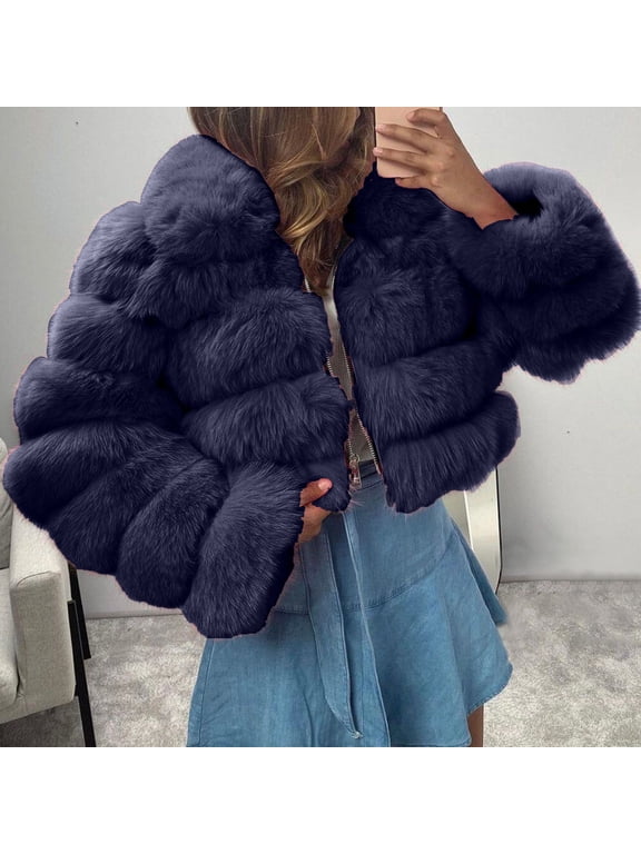 Winter Coats for Women Teen Girls Short Faux Fleece Jacket Sale Plus Size Womens Cute Hooded Furry Splicing Warm Puffer Jacket Tunic Long Sleeve Outerwear Navy qILAKOG Size XXL