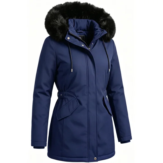 Winter Coats Women Thicken Puffer Jackets with Detachable Hood Full-Zip Overcoat Warm Parkas, Navy