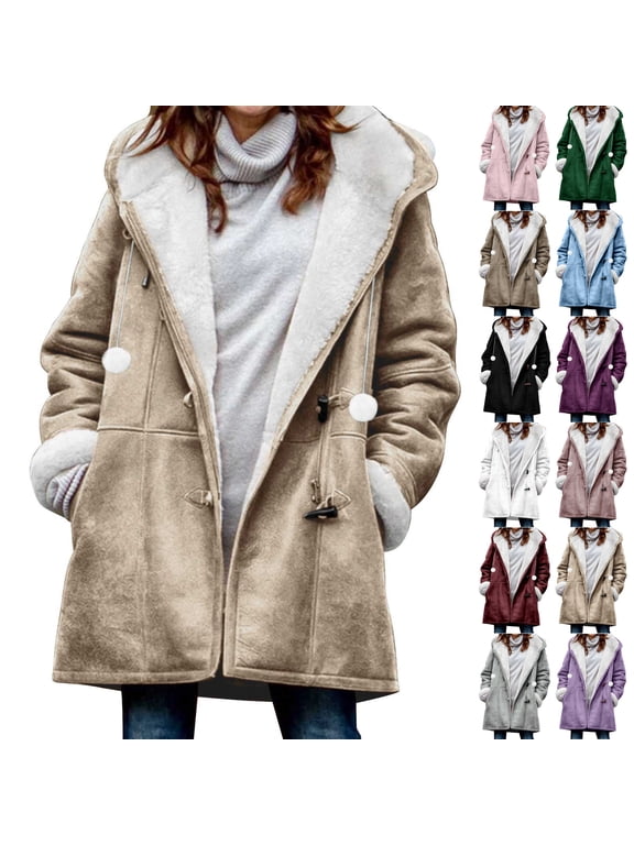 Winter Coats for Women Windproof Fleece Lined Mid-Length Horn-Style Buttons Hooded Jacket Oversized Cold Weather Warm Outerwear with Pockets and Fleece Cuffs