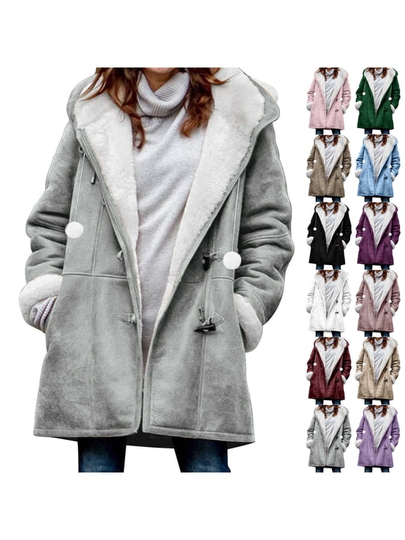 Winter Coats for Women Windproof Fleece Lined Mid-Length Horn-Style Buttons Hooded Jacket Oversized Cold Weather Warm Outerwear with Pockets and Fleece Cuffs
