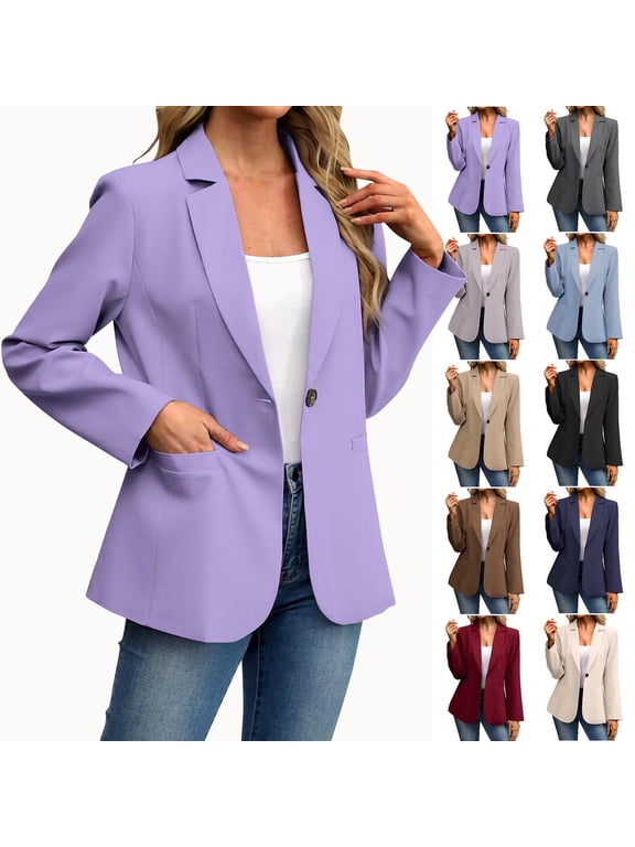 Winter Coats for Women, YABCSAZ Women's Lapel Long Sleeve Button-Up Blazer, Solid Color Fitted Casual Jacket for Spring Office Work, Lightweight Open Front Suit Coat, Black, XXL