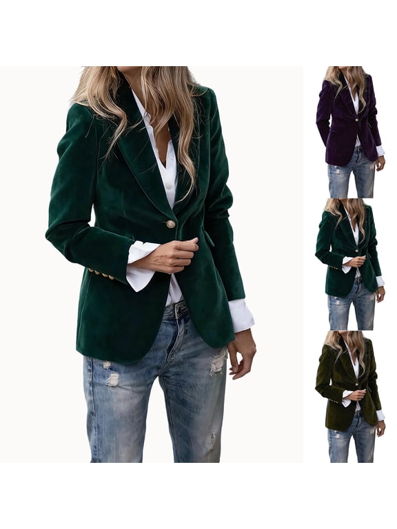 Winter Coats for Women, YABCSAZ Women's Velvet Blazer Long Sleeve Casual Solid Color Jacket for Winter, Comfortable Open Front Suit Coat Office Work Daily Wear, Green, M