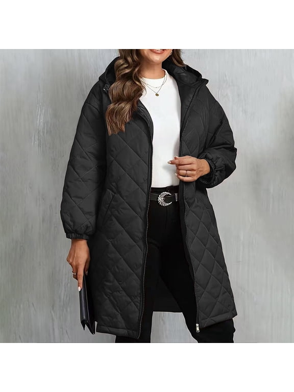 Winter Coats for Women Zip Up Quilted Down Puffer Jackets Women Parka Coat Waterproof Jacket with Hood Pockets Fall Plus Size Padded Coat Warm Outwear Outdoor Black XXXXXL