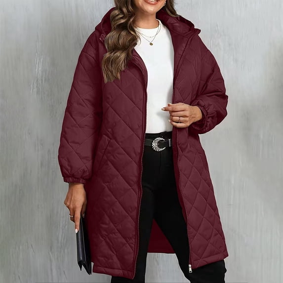 Winter Coats for Women Zip Up Quilted Down Puffer Jackets Women Parka Coat Waterproof Jacket with Hood Pockets Fall Plus Size Padded Coat Warm Outwear Outdoor Wine XL