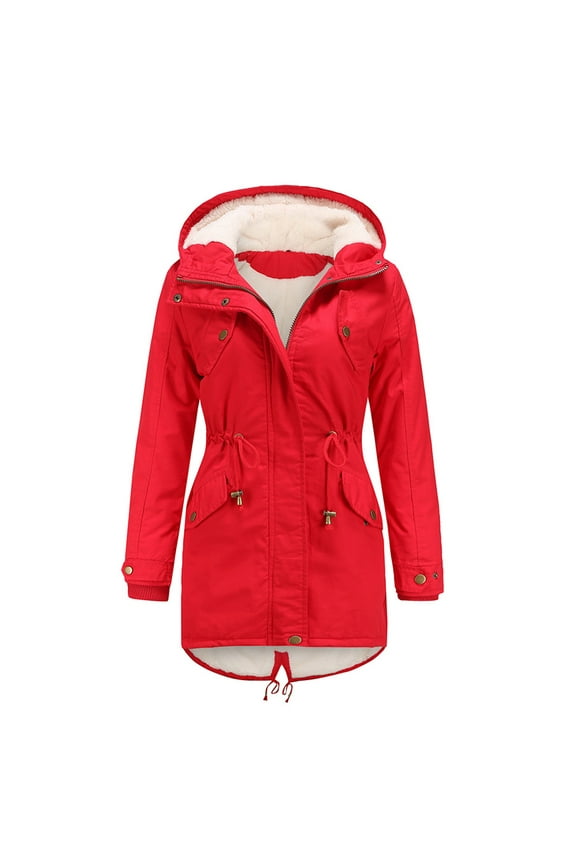 Winter Coats for Women Zpanxa Plus Size Jacket for Women, Winter Solid Hooded Drawstring Waist Zipper Padded Coat, Casual Winter Warm Coats Outwear with Pocket Red L