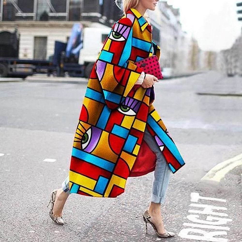 Winter Coats for Women Zpanxa Women Plus Size Long Open Front Cardigans Retro Printed Long Trench Coat Colorful Jacket Outerwear Winter Coats with Pockets Walmart