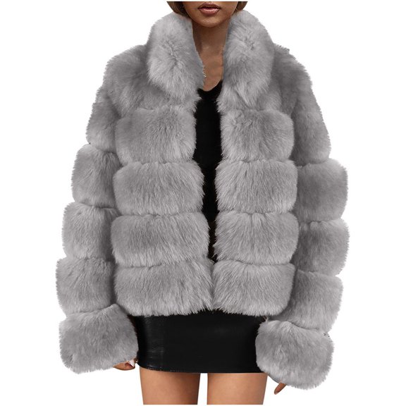 Winter Coats for Women Zpanxa Women Solid Color Long Sleeve Shaggy Lapel Faux Fur Coat, Warm Short Jacket Outwear, Oversized Lapel Outwear Jackets Gray B XXL