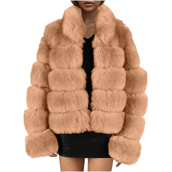 Winter Coats for Women Zpanxa Women Solid Color Long Sleeve Shaggy Lapel Faux Fur Coat, Warm Short Jacket Outwear, Oversized Lapel Outwear Jackets Khaki B M