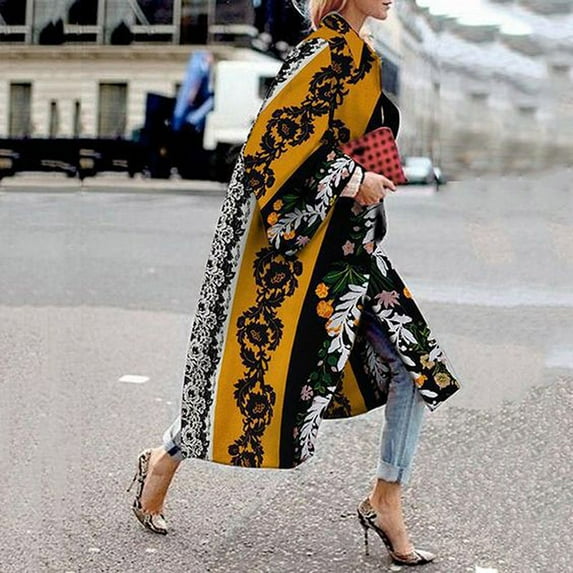 Winter Coats for Women Zpanxa Women Plus Size Long Open Front Cardigans, Retro Printed Long Trench Coat, Colorful Jacket Outerwear Winter Coats with Pockets Black 4XL