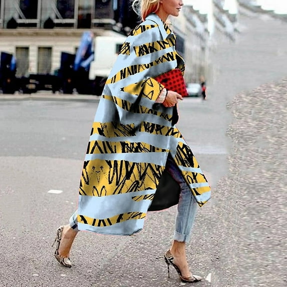 Winter Coats for Women Zpanxa Women Plus Size Long Open Front Cardigans, Retro Printed Long Trench Coat, Colorful Jacket Outerwear Winter Coats with Pockets Light blue XL