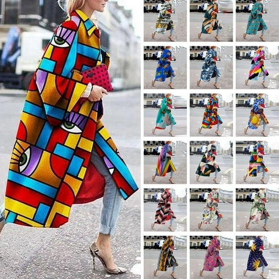 Winter Coats for Women KONBECA Women Plus Size Long Open Front Cardigans, Retro Printed Long Trench Coat, Colorful Jacket Outerwear Winter Coats with Pockets Multicolor L