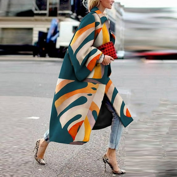 Winter Coats for Women Zpanxa Women Plus Size Long Open Front Cardigans, Retro Printed Long Trench Coat, Colorful Jacket Outerwear Winter Coats with Pockets Orange L