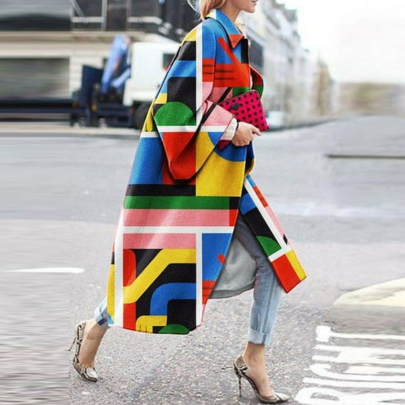 Winter Coats for Women Zpanxa Women Plus Size Long Open Front Cardigans, Retro Printed Long Trench Coat, Colorful Jacket Outerwear Winter Coats with Pockets Yellow B L