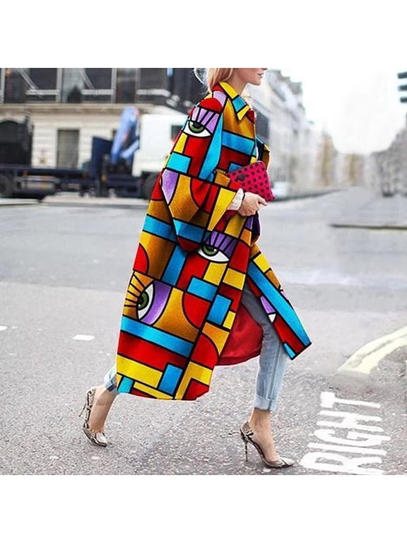 Winter Coats for Women Zpanxa Women Plus Size Long Open Front Cardigans, Retro Printed Long Trench Coat, Colorful Jacket Outerwear Winter Coats with Pockets Multicolor S