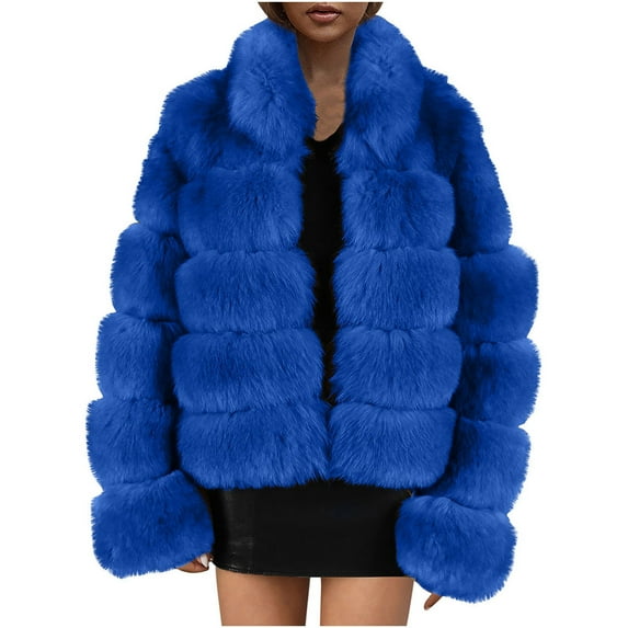 Winter Coats for Women Zpanxa Women Solid Color Long Sleeve Shaggy Lapel Faux Fur Coat, Warm Short Jacket Outwear, Oversized Lapel Outwear Jackets Blue B L
