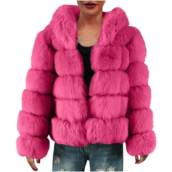 Winter Coats for Women Zpanxa Women Solid Color Long Sleeve Shaggy Lapel Faux Fur Coat, Warm Short Jacket Outwear, Oversized Lapel Outwear Jackets Hot Pink C 3XL