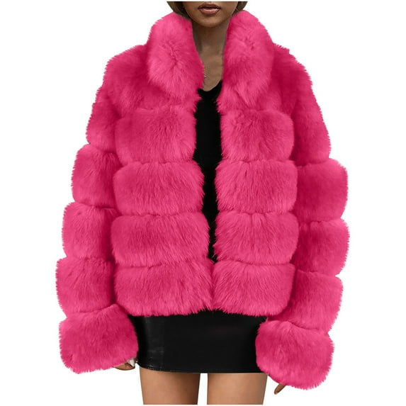 Winter Coats for Women Zpanxa Women Solid Color Long Sleeve Shaggy Lapel Faux Fur Coat, Warm Short Jacket Outwear, Oversized Lapel Outwear Jackets Hot Pink B XL