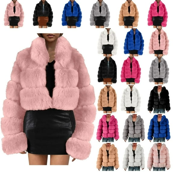 Winter Coats for Women Zpanxa Women Solid Color Long Sleeve Shaggy Lapel Faux Fur Coat, Warm Short Jacket Outwear, Oversized Lapel Outwear Jackets Pink A L