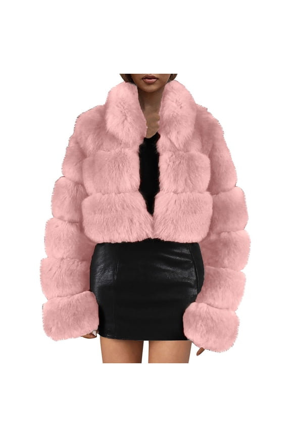 Winter Coats for Women Zpanxa Women Solid Color Long Sleeve Shaggy Lapel Faux Fur Coat, Warm Short Jacket Outwear, Oversized Lapel Outwear Jackets Pink A XXL