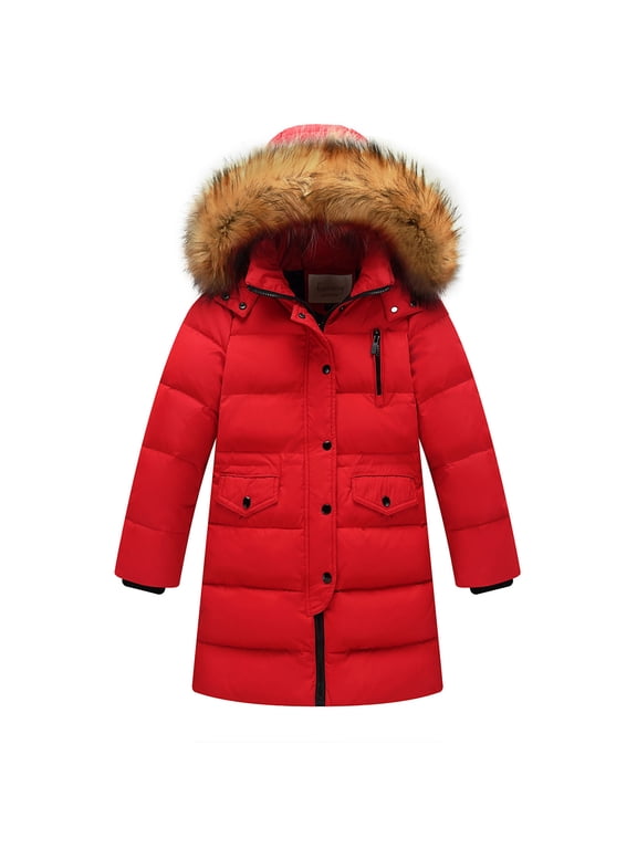 Winter Coats for Boys Girls with Faux Fur Trim Hood Thicken Warm Snow Ski Jacket Mid Length Long Hooded Overcoat (10-11 Years, Red)
