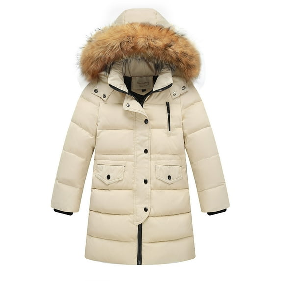 Winter Coats for Boys Girls with Faux Fur Trim Hood Thicken Warm Snow Ski Jacket Mid Length Long Hooded Overcoat (14-15 Years, Beige)