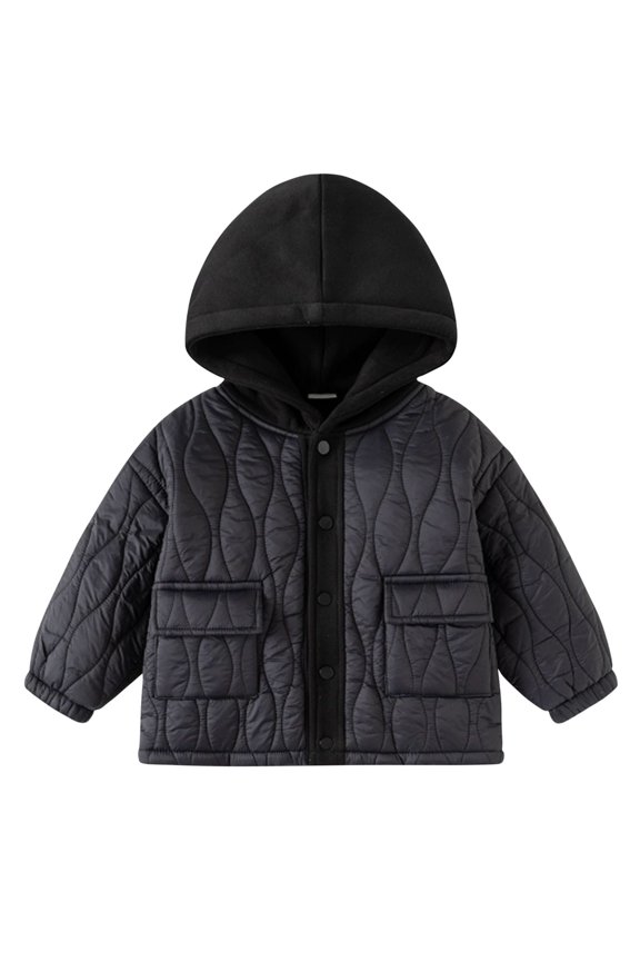 Winter Coats for Boys Girls with Pockets Cotton Down Thick Windproof Hooded Jacket Button Up Quilted Sweatshirt (6 Years, Black)