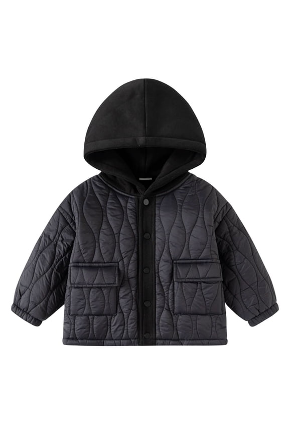 Winter Coats for Boys Girls with Pockets Cotton Down Thick Windproof Hooded Jacket Button Up Quilted Sweatshirt (8 Years, Black)