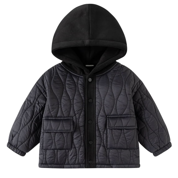 Winter Coats for Boys Girls with Pockets Cotton Down Thick Windproof Hooded Jacket Button Up Quilted Sweatshirt (8 Years, Black)