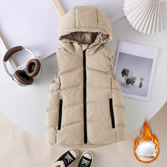 Winter Coats for Boys,Vest Girls Winter Hood Thickened Warm Sleeveless Zip Up Quilted Coat Outerwear,Baby Jacket,Khaki,9-10 Years