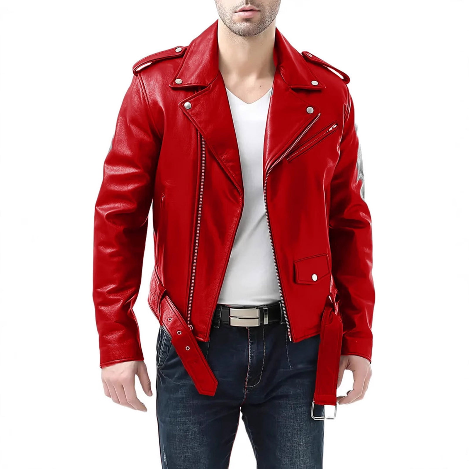 Winter Coats for Men Casual Stylish Long Sleeve Leather Jacket Cycling Motorcycle Coat with Pockets, Red, M