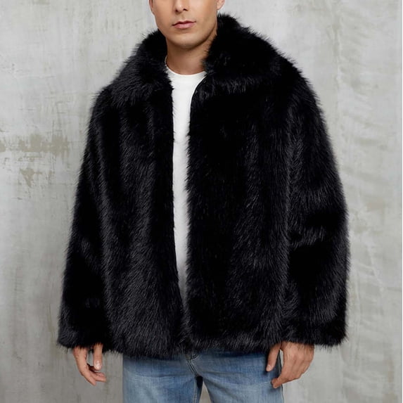 Winter Coats for Men, Mens Warm Faux Furry Long Coat Jacket Winter Solid-neck Outerwear,Winter Zipper Overcoat Outerwear Black_L