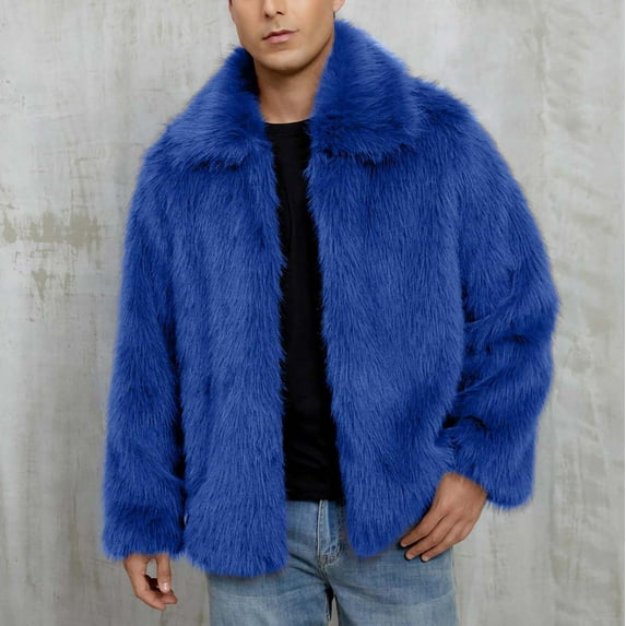 Winter Coats for Men, Mens Warm Faux Furry Long Coat Jacket Winter Solid-neck Outerwear,Winter Zipper Overcoat Outerwear Blue_L