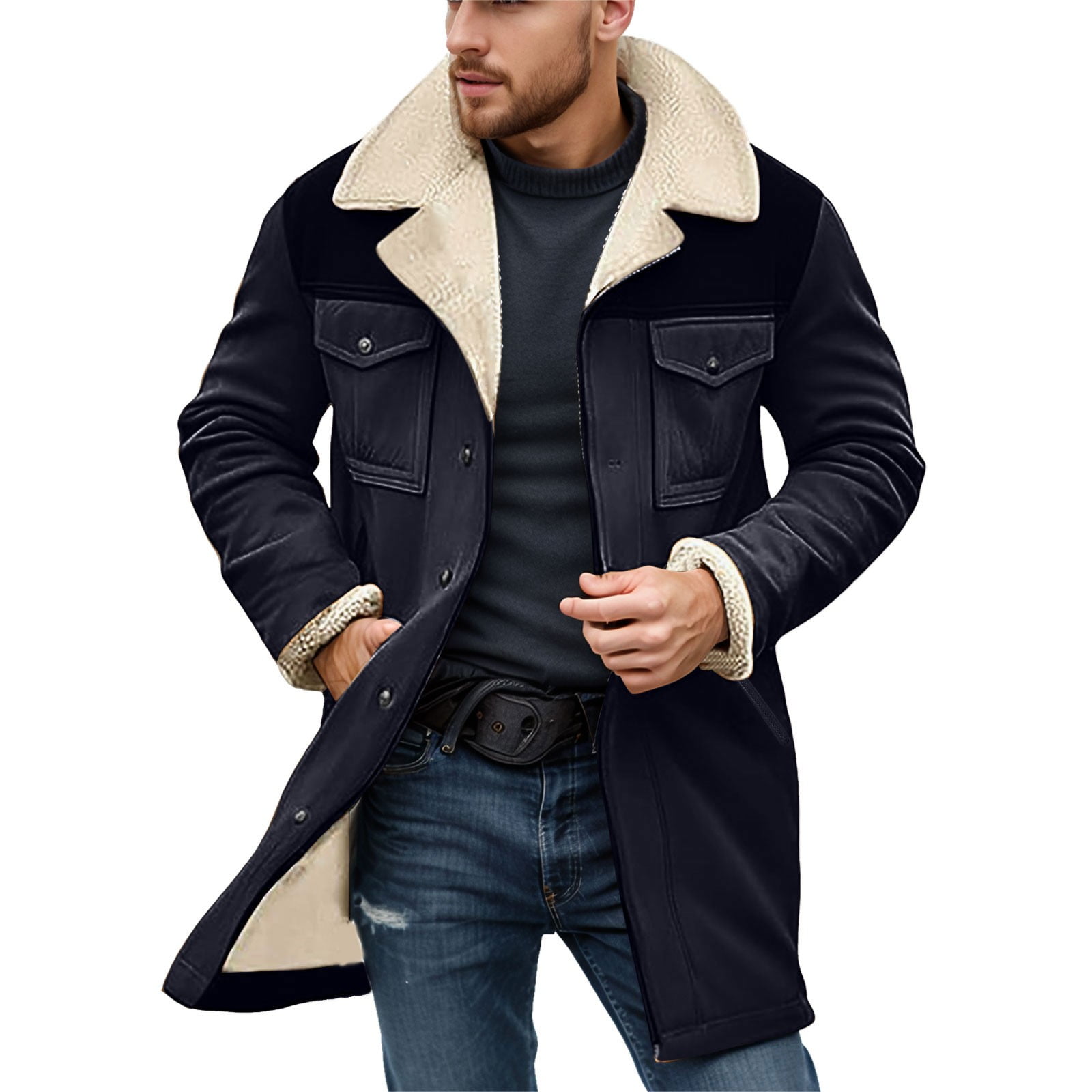 Winter Coats for Men Notched Collar Coats Faux Leather Winter Long