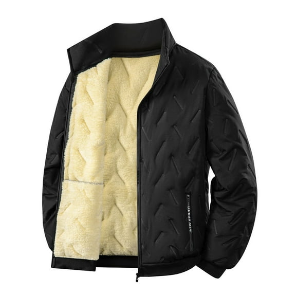 Winter Coats for Men Sherpa Fleece Lined Warm Full Zip Quilted Jackets Zipper Pockets Stand Collar Thick Outwear (2XL, Black)