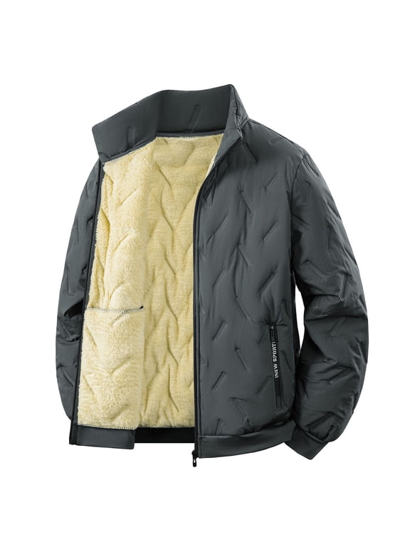 Winter Coats for Men Sherpa Fleece Lined Warm Full Zip Quilted Jackets Zipper Pockets Stand Collar Thick Outwear (XL, Gray)