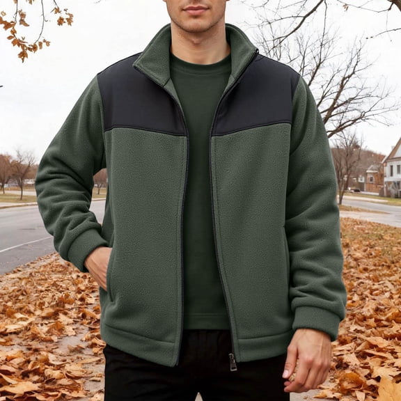 Winter Coats for Men Thicken Warm Fleece Zip Up Jackets Stand Up Collar with No Hood (Army Green M)