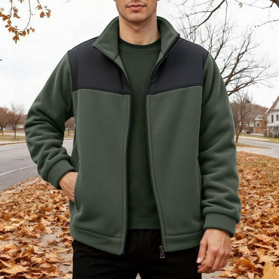 Winter Coats for Men Thicken Warm Fleece Zip Up Jackets Stand Up Collar with No Hood (Army Green M)