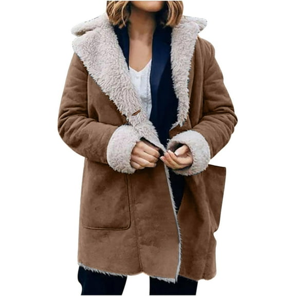 Winter Coats for Women 2023 Warm Sherpa Fleece Lined Button Down Jackets Trendy Notched Lapel Faux Suede Parka Coat Outerwear with Pockets