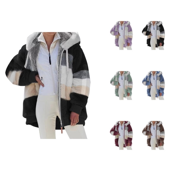 Winter Coats for Women 2025 Long Sleeve Color Block Fleece Warm Zip Up Hooded Jacket Casual Hoodie Outerwear
