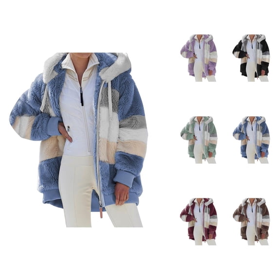 Winter Coats for Women 2025 Long Sleeve Color Block Fleece Warm Zip Up Hooded Jacket Casual Hoodie Outerwear