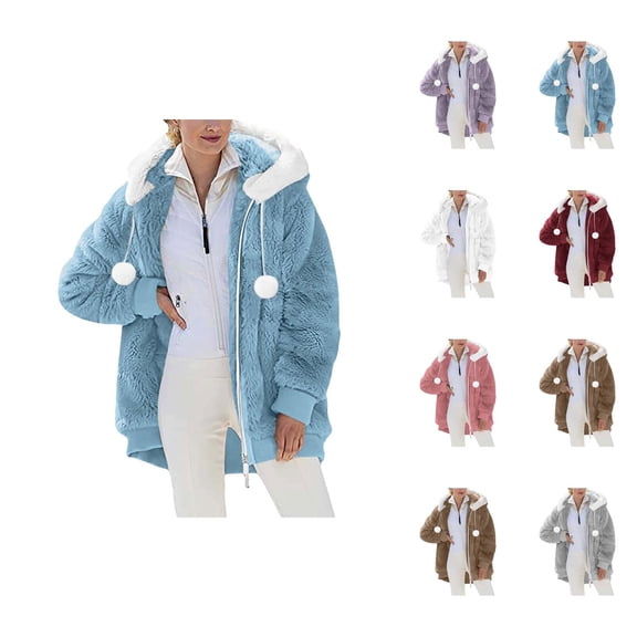 Winter Coats for Women 2025 Long Sleeve Fleece Warm Cute Zip Up Hooded Jacket with Pockets Casual Outerwear