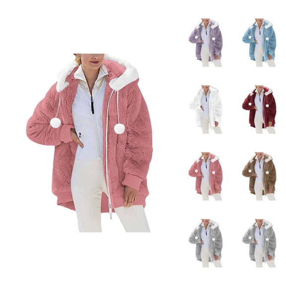 Winter Coats for Women 2025 Long Sleeve Fleece Warm Cute Zip Up Hooded Jacket with Pockets Casual Outerwear
