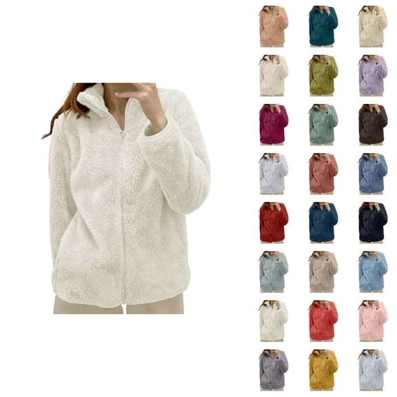 Winter Coats for Women 2025 Long Sleeve Fleece Warm Plain Stand Collar Zip Up Jacket Casual Cardigan Outerwear