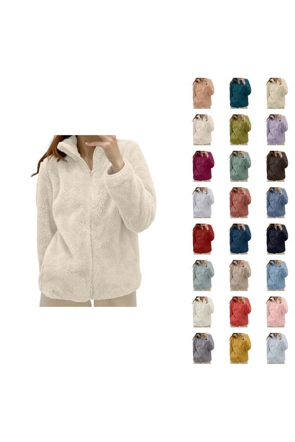 Winter Coats for Women 2025 Long Sleeve Fleece Warm Plain Stand Collar Zip Up Jacket Casual Cardigan Outerwear