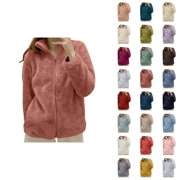 Winter Coats for Women 2025 Long Sleeve Fleece Warm Plain Stand Collar Zip Up Jacket Casual Cardigan Outerwear