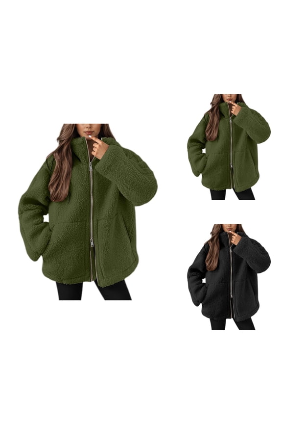 Winter Coats for Women 2025 Long Sleeve Fleece Warm Plain Turtleneck Zip Up Jacket with Pockets Outerwear