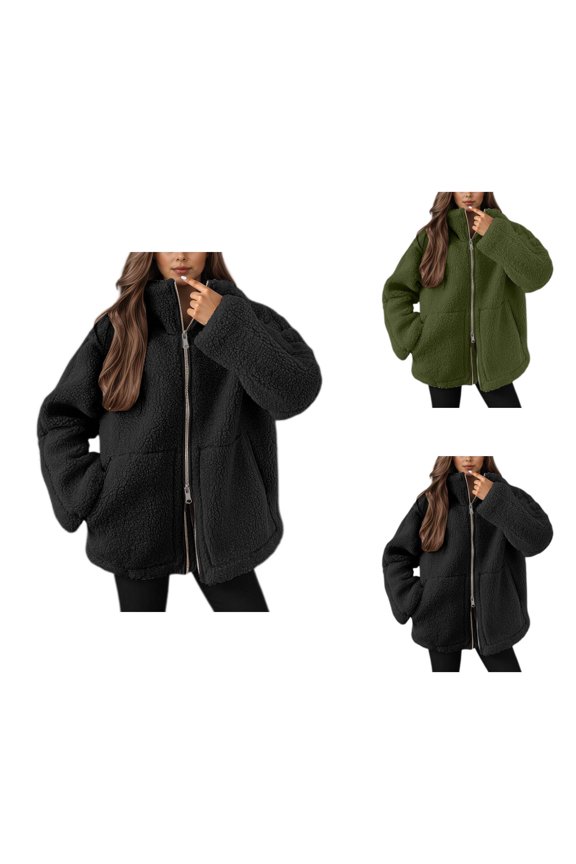 Winter Coats for Women 2025 Long Sleeve Fleece Warm Plain Turtleneck Zip Up Jacket with Pockets Outerwear