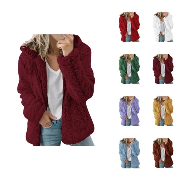 Winter Coats for Women 2025 Long Sleeve Fleece Warm Plain Zip Up Hooded Jacket with Pockets Casual Outerwear